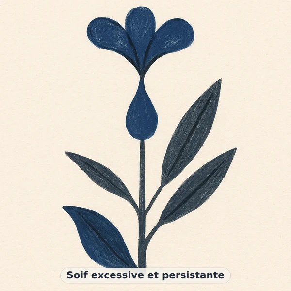 Illustration éditoriale du symptôme « Soif excessive et persistante » : jarre vide sur un sol sec lézardé, représentation apaisante évoquant un déséquilibre de équilibre glycémique