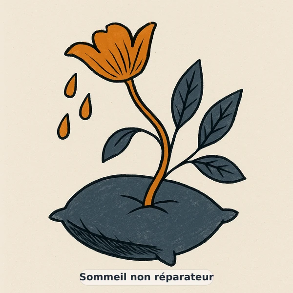 Illustration éditoriale du symptôme « Sommeil non réparateur » : oreiller froissé au lever du jour gris, représentation apaisante évoquant un déséquilibre de énergie et vitalité