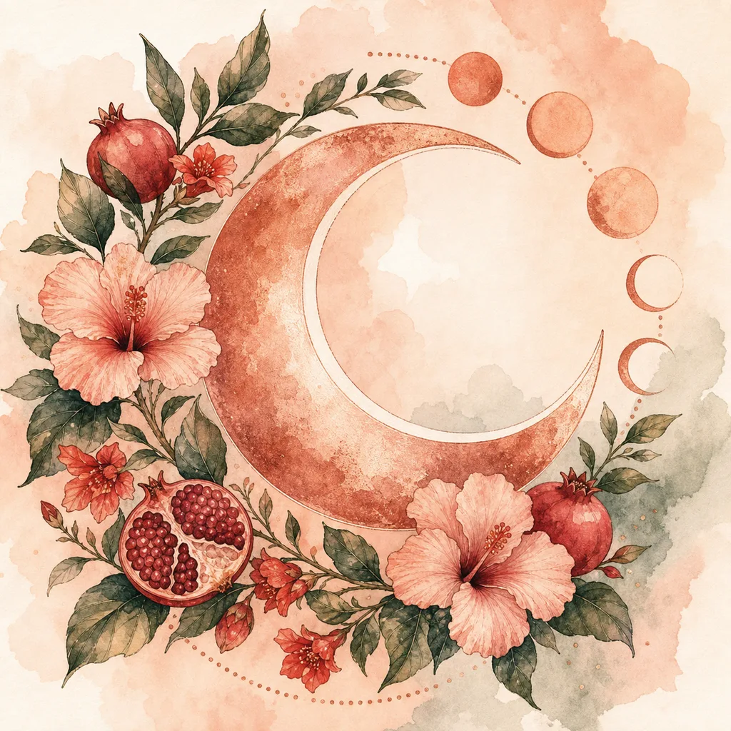 Illustration éditoriale du symptôme « SOPK » : croissant de lune et fleurs d'hibiscus évoquant le cycle féminin