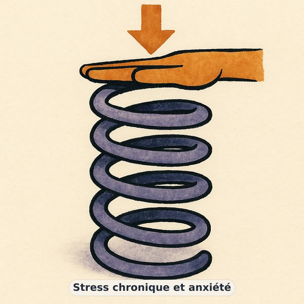 Illustration éditoriale du symptôme « Stress chronique et anxiété » : métaphore visuelle apaisante évoquant un déséquilibre de énergie et vitalité