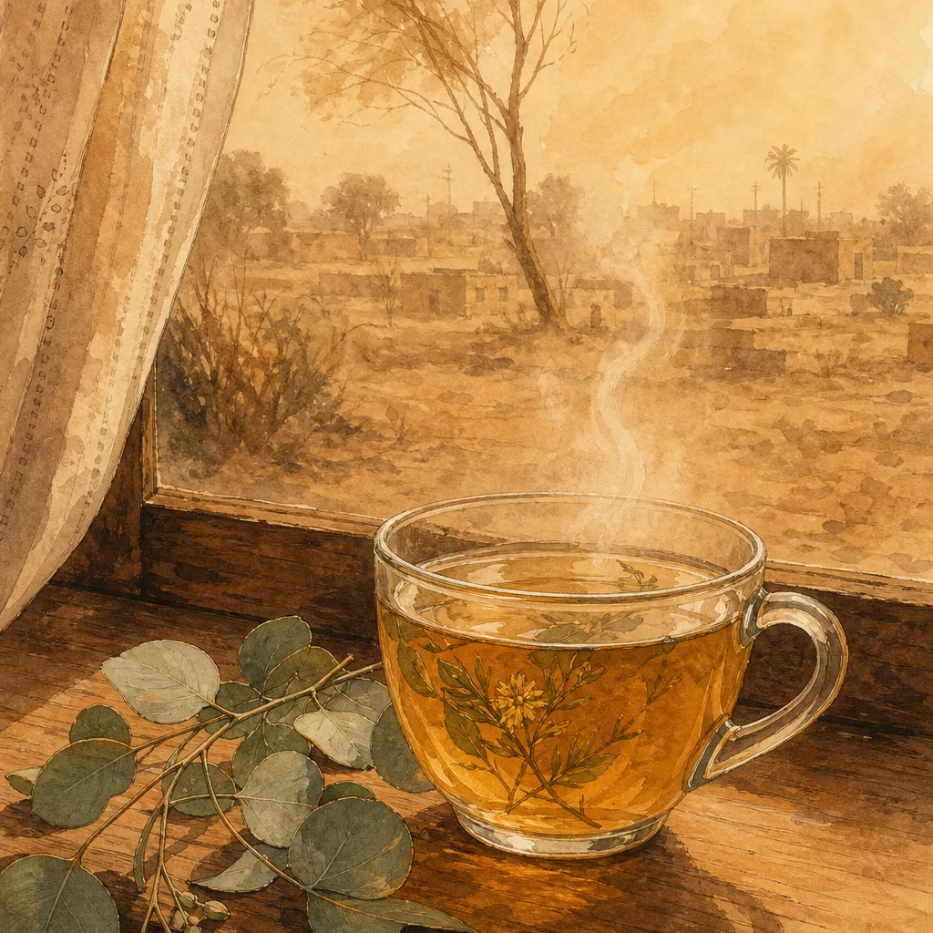 Illustration éditoriale du symptôme « Toux Harmattan » : tisane chaude et brume sèche évoquant le besoin d'apaiser les voies respiratoires en saison sèche