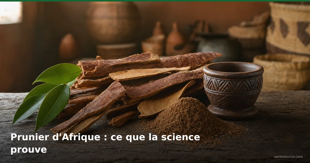 Écorce de prunier d'Afrique séchée, poudre et mortier camerounais — remède naturel pour la prostate