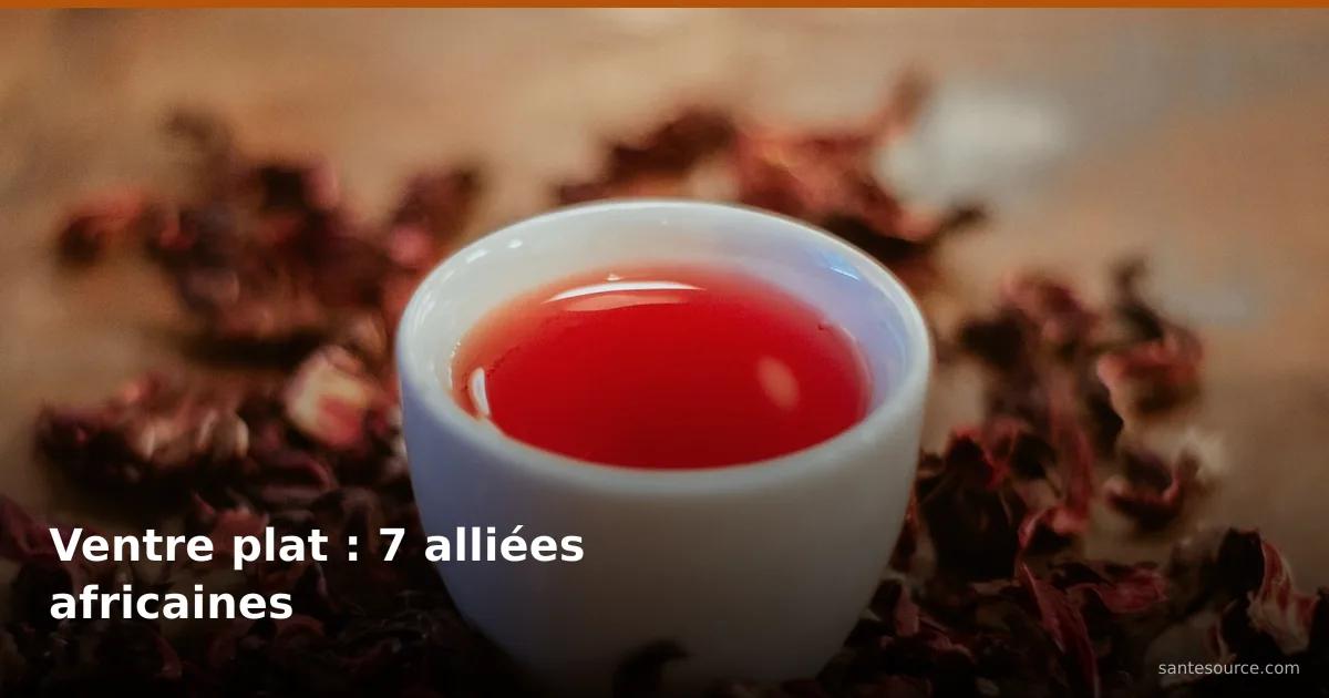 Tasse de tisane de bissap (hibiscus) rouge entourée de fleurs d'hibiscus séchées, une plante africaine alliée d'un ventre plat