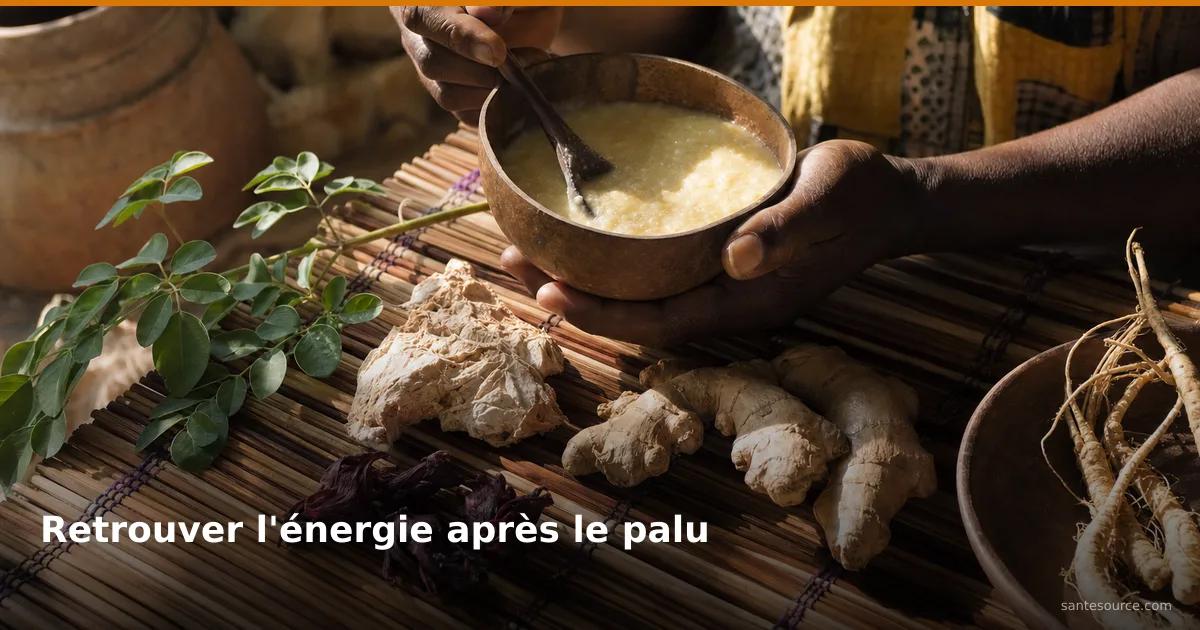 Calebasse de bouillie enrichie entourée de plantes revitalisantes ouest-africaines — moringa, baobab, gingembre — pour la convalescence après le paludisme
