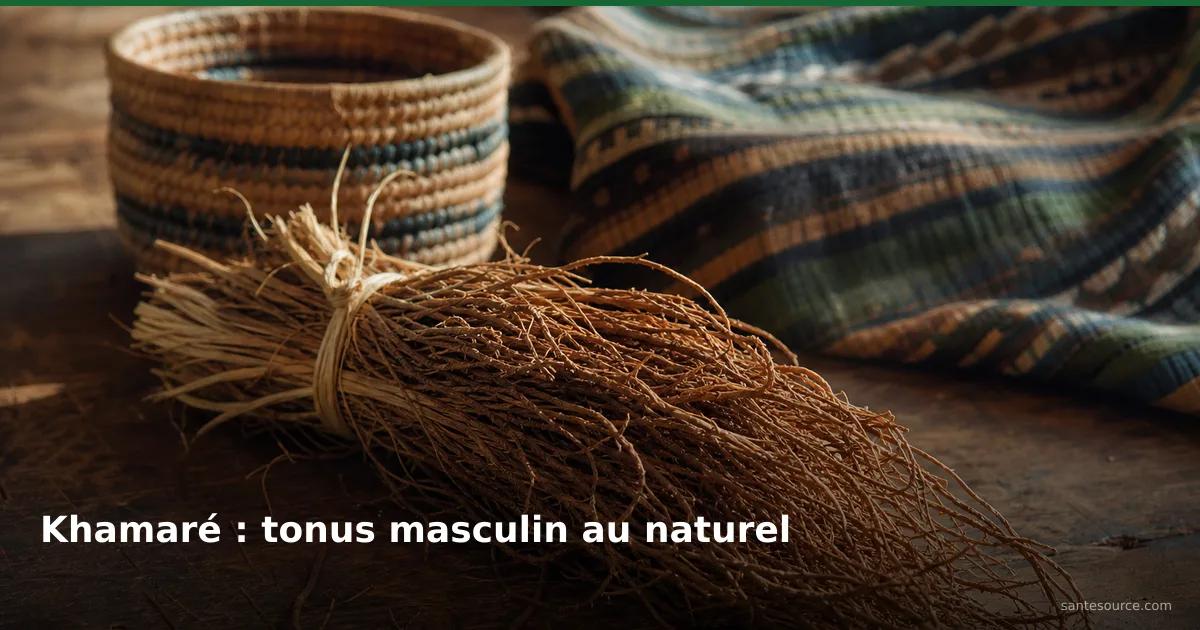 Bouquet de racines de khamaré (vétiver) séché posé sur du bois, tonique masculin traditionnel au Sénégal