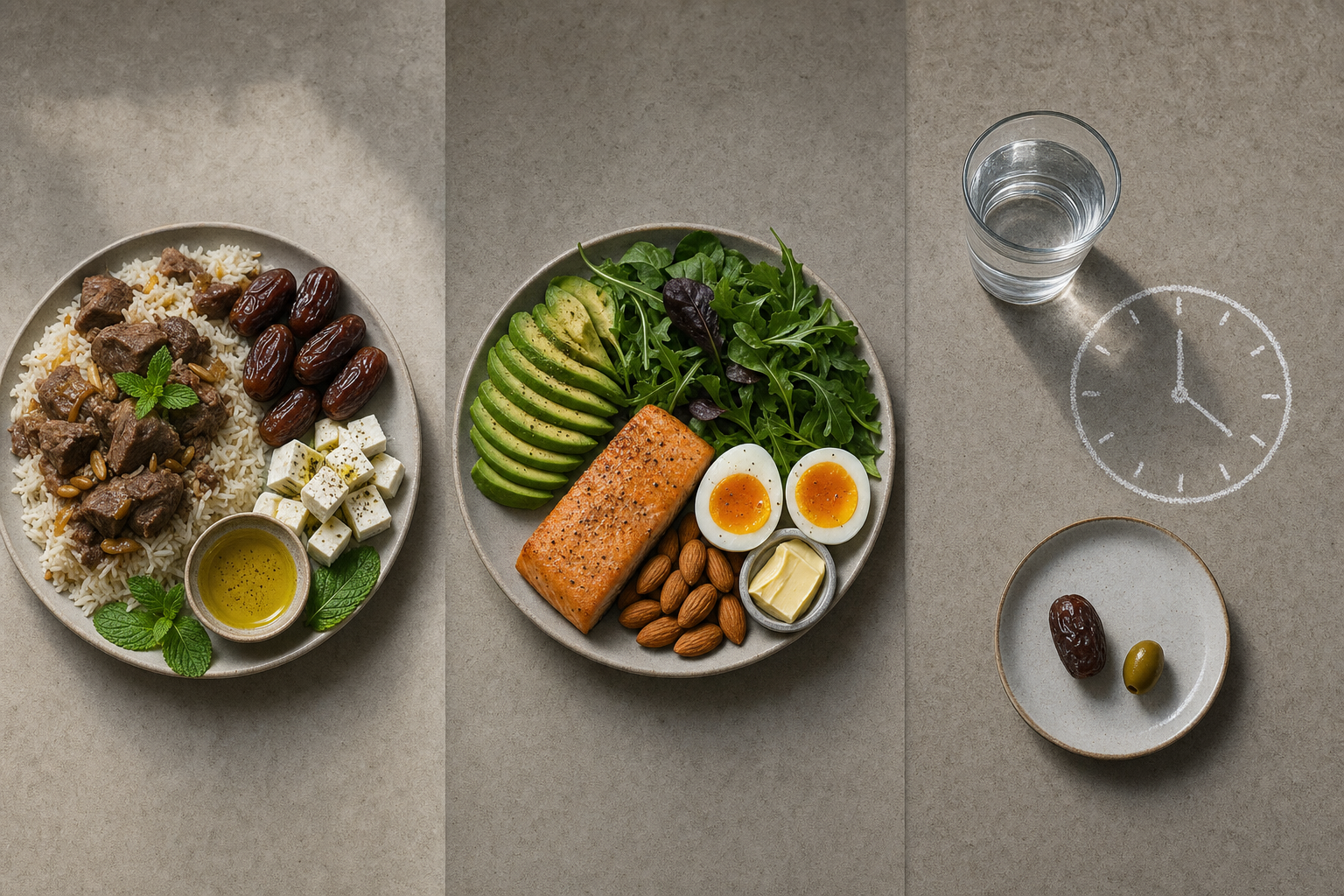 Triptyque éditorial comparant les assiettes du régime Tayibat, du régime keto et du jeûne intermittent