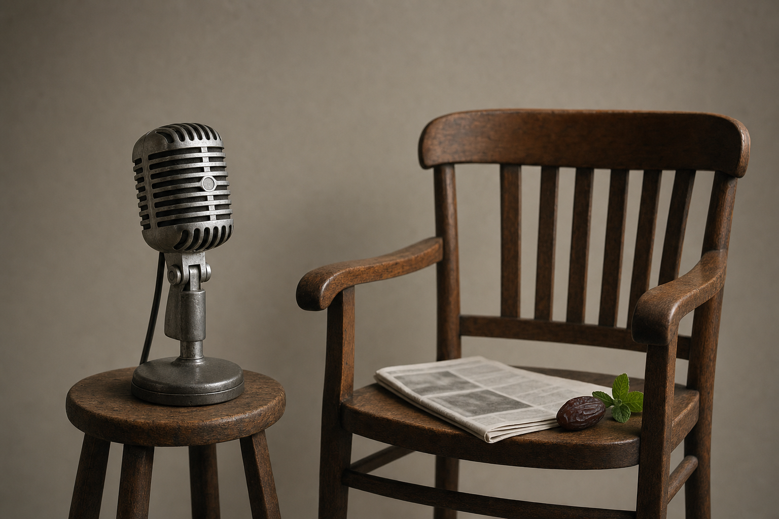 Composition éditoriale d'un micro vintage et chaise vide évoquant la figure médiatique du créateur du régime Tayibat