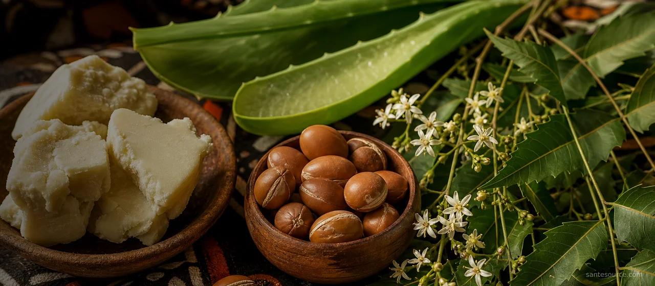 Ingrédients naturels africains pour la beauté de la peau : karité, aloe vera et neem