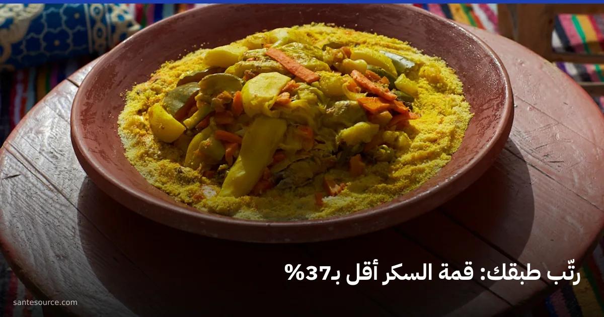 طبق كسكس مغربي بالخضار في قصعة فخارية على مائدة تقليدية، أساس النظام الغذائي لمريض السكري