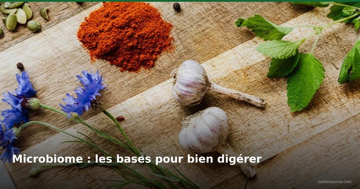 Épices et herbes naturelles sur planche de bois pour améliorer la santé intestinale et le microbiome
