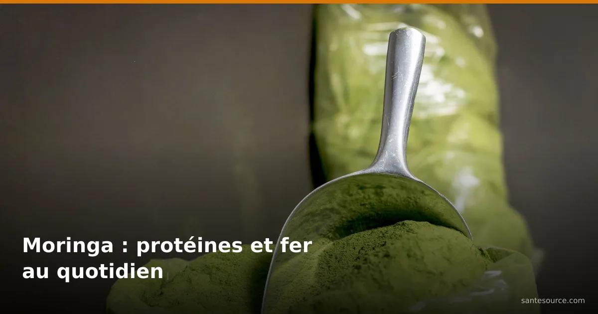 Poudre de feuilles de moringa séchées prélevée à la pelle, source de protéines et de fer contre la malnutrition