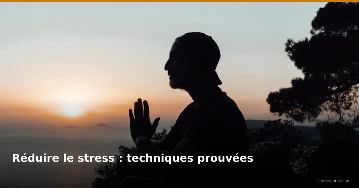 Silhouette en méditation au coucher du soleil sur mer, technique naturelle de réduction du stress