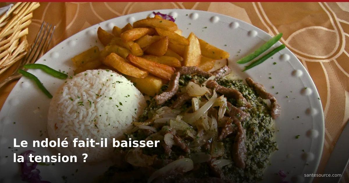 Plat de ndolé camerounais : feuilles de vernonia amygdalina mijotées avec viande, accompagnées de riz et de frites de plantain.