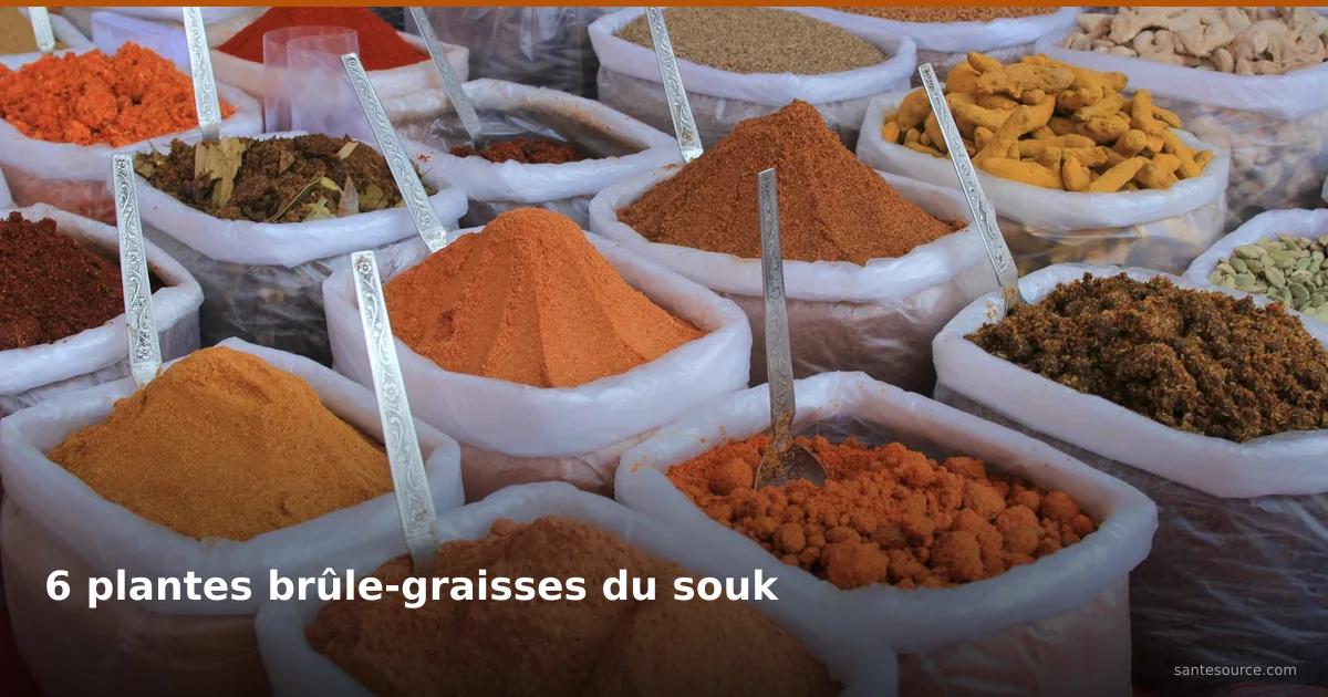 Étal de souk tunisien avec sacs de poudres d'épices et plantes brûle-graisses naturelles