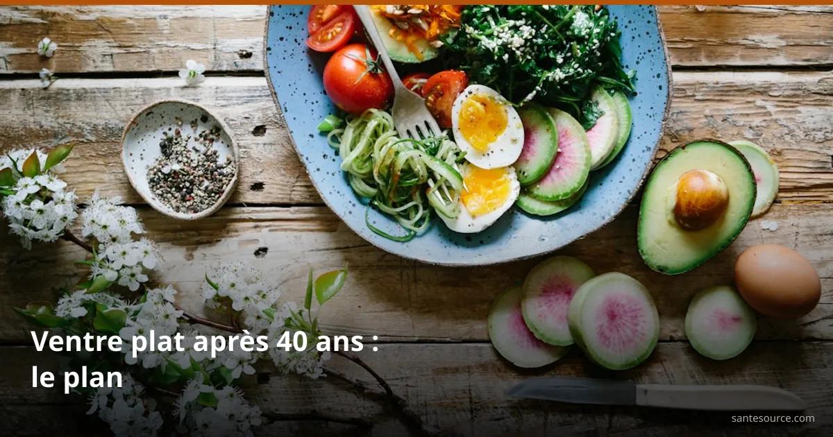 Assiette équilibrée de légumes frais, œuf et avocat pour retrouver un ventre plat après 40 ans