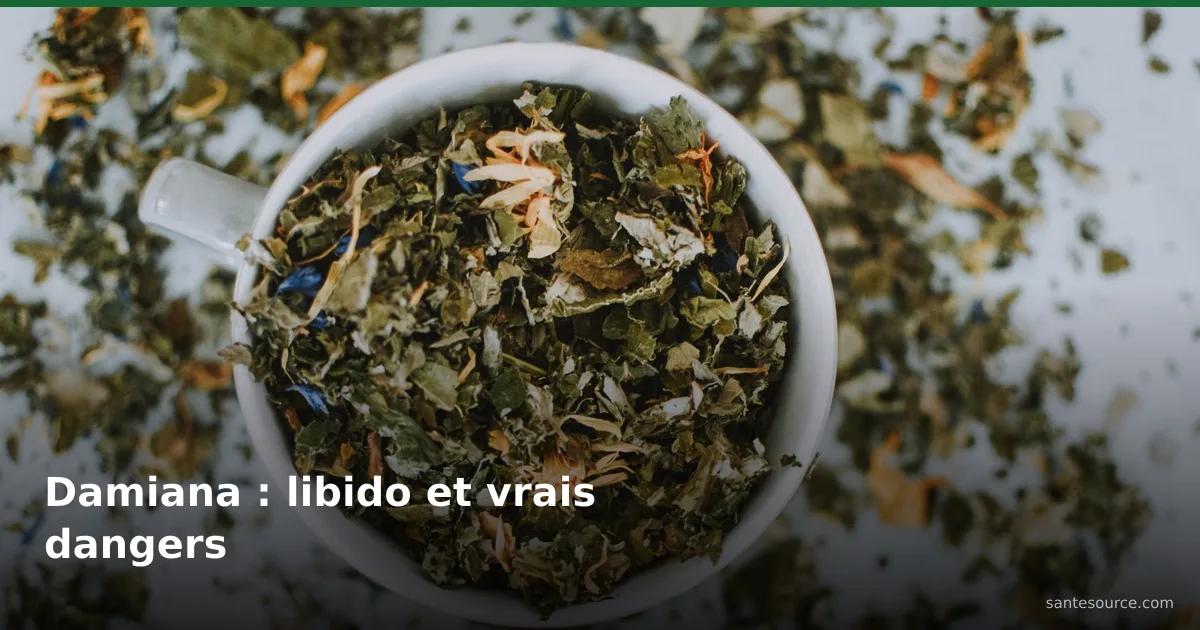 Tasse de feuilles de damiana séchées en vrac pour une tisane soutenant la libido masculine